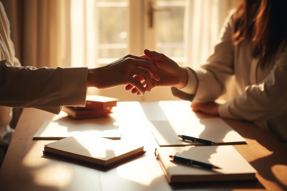 Two people shaking hands across a sunlit desk with notebooks and pens