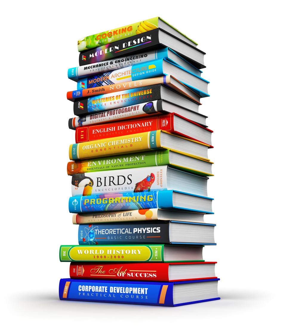 A tall stack of colorful published hardcover books