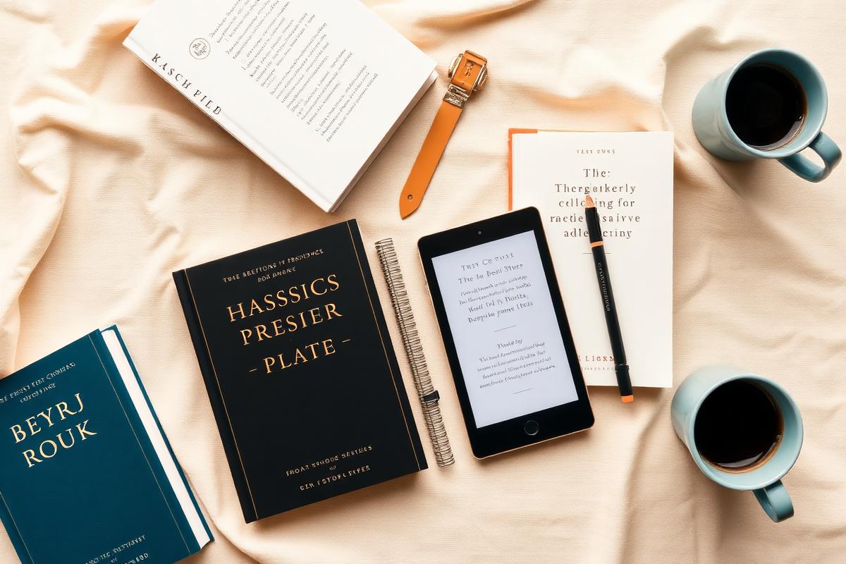 A curated flat lay of published books, an ebook reader and a notebook