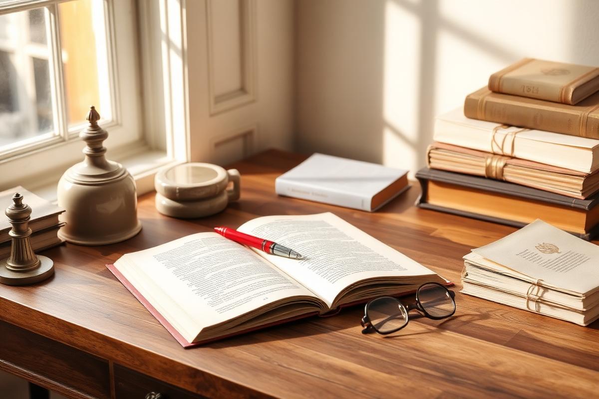 A warm editorial desk with an open manuscript, reading glasses and stacked books