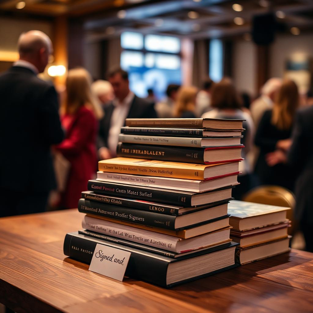A stack of books on a table at a book launch event, with attendees gathered in the background